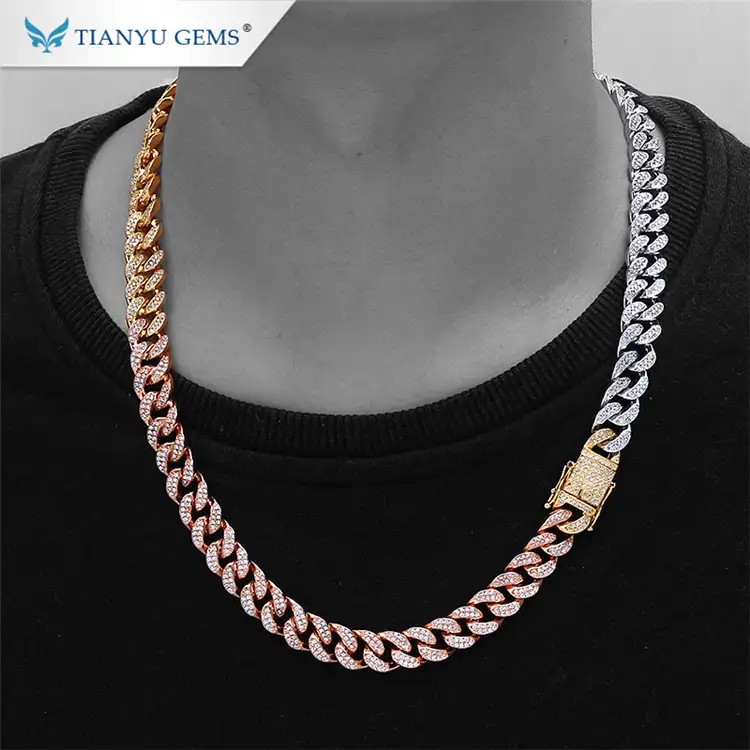Tianyu-collar de moissanita para hombre, cadena de eslabones cubanos, chapado en plata, oro blanco, rosa, amarillo, cadena de diamantes de moissanita