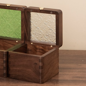 Solid Walnut <b>Watch</b> Box Single Slot Portable Wooden <b>Watch</b> <b>Case</b> with Vintage Green Embossed Glass Custom Wholesale - Product Image 3