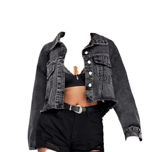 Women's <b>Cropped</b> <b>Denim</b> Trucker <b>Jacket</b> Breathable Full Sleeve Washed Black Frayed Edge Turn Down Collar Front Logo Autumn Style - Product Image 6