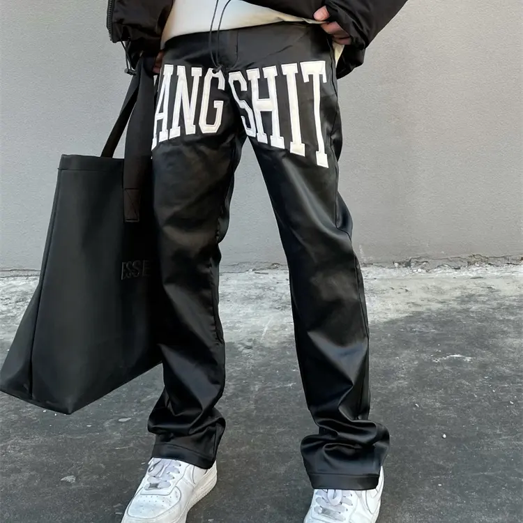 Custom File Patch Black Leather Trouser Oil Wax Stacked Street Pants For Men