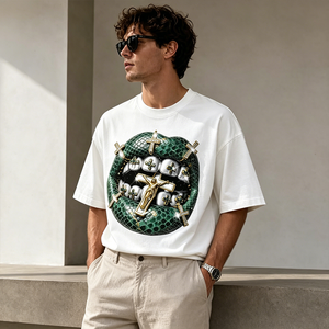 Y2K Streetwear Cropped <strong>Tee</strong> 3D Green <strong>Crocodile</strong> Lip Cross Graphic Print Frayed Hem Drop Shoulder Crew Neck Casual Cotton T Shirt - Product Image 1