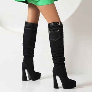 Retro Denim Women Over Knee Boots Belt Buckle Platform Long <b>Booties</b> Dark Jeans Ladies High Chunky Heel Shoes - Product Image 5
