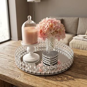 Round Crystal <b>Mirror</b> Decorative <b>Tray</b> <b>Silver</b> Serving Plate for Coffee Table Floral Hollywood Glam Style - Product Image 1