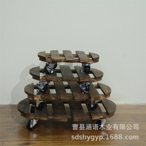 Solid Wood Round Flower Pot Base With Wheels Carbonized Wood Movable Garden <b>Stand</b> Floor Standing Rustic Design - Product Image 4