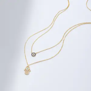 Trending Double Layered Necklace Fatima Hand Gold Plated S925 Sterling Silver Devil Eye Hamsa Palm Pendant Necklace