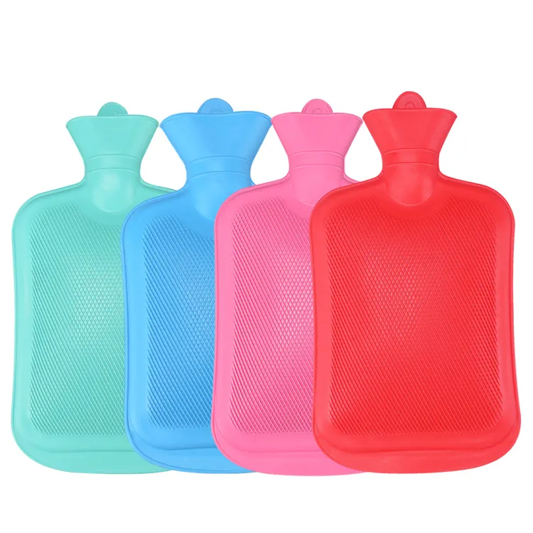 Botella de agua caliente de goma de pvc, bolsa de agua caliente de 2L, 2000ml, 1500ml, 1000ml, 500ml, cubierta de color rojo, verde y azul