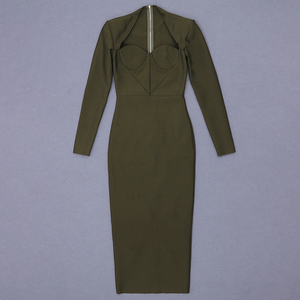 Elegante <span class=keywords><strong>Abito</strong></span> <span class=keywords><strong>Midi</strong></span> <span class=keywords><strong>Verde</strong></span> Oliva con Maniche Lunghe e Bustier Traforato, Vestito Aderente da Donna per Feste Formali e Serate - Product Image 4