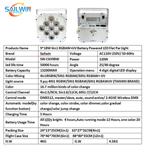 Par LED de 9*18W 6en1 RGBAW+UV con Control Remoto DMX Inalámbrico WIFI, Alimentado por Batería, con Estuche de Transporte - Product Image 2