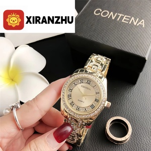 Đồng hồ dây xích mạ vàng thời trang chống nước mặt số đá zircon dây da nữ đính kim cương giả máy quartz - Product Image 1
