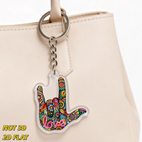 Porte-clés en acrylique coloré avec signe de main d'amour, geste ASL « Je t'aime » avec motif floral, accessoire unisexe léger