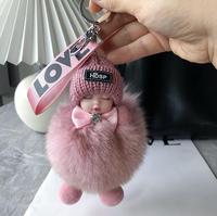 Joli et Doux Porte-clés Bébé Dormant en Peluche, Pompon en Fourrure de Lapin, Accroche-clés de Voiture, Breloque de Sac, Cadeau