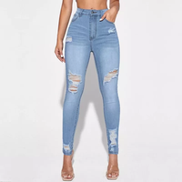 Pantalons crayon pour femme en denim stretch de haute qualité, taille haute, couleur délavée, vente en gros