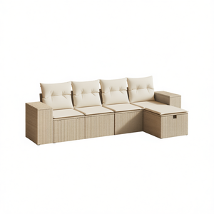 Conjunto de Sofá Modular de Jardín en Poliratán Beige, Muebles de Exterior para 4 Personas, Diseño Contemporáneo - Product Image 1