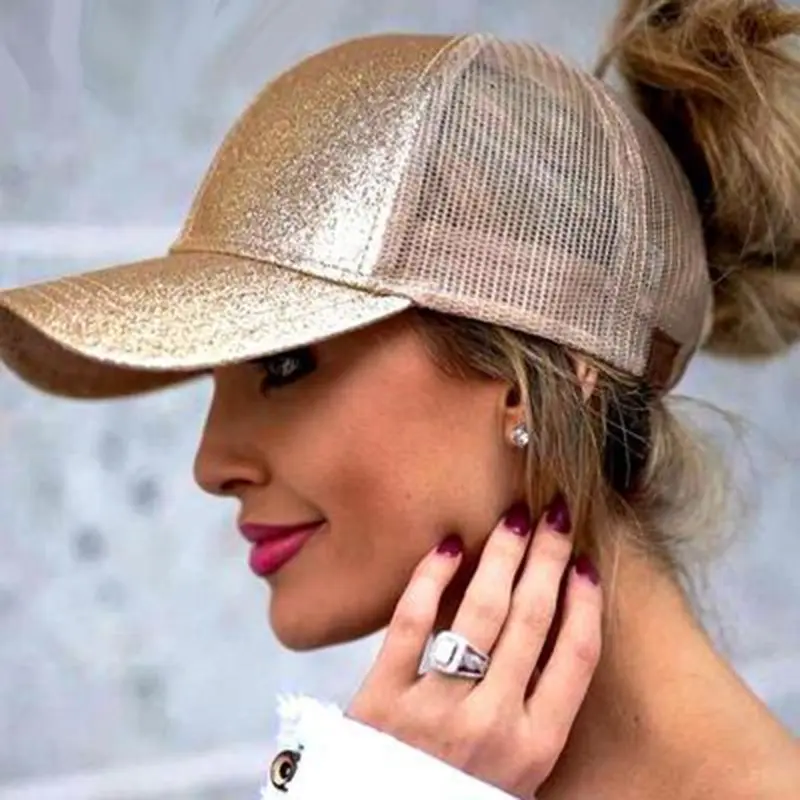 In vogue Gold net hat for women Back sequined ponytail baseball cap cotton solid hat