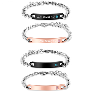 Pulseras <span class=keywords><strong>de</strong></span> Pareja <span class=keywords><strong>de</strong></span> Acero Inoxidable con Barra <span class=keywords><strong>de</strong></span> Letras 'Her King His Queen His Beauty Her Beast', Brazalete <span class=keywords><strong>de</strong></span> Cristal con Corona - Product Image 2