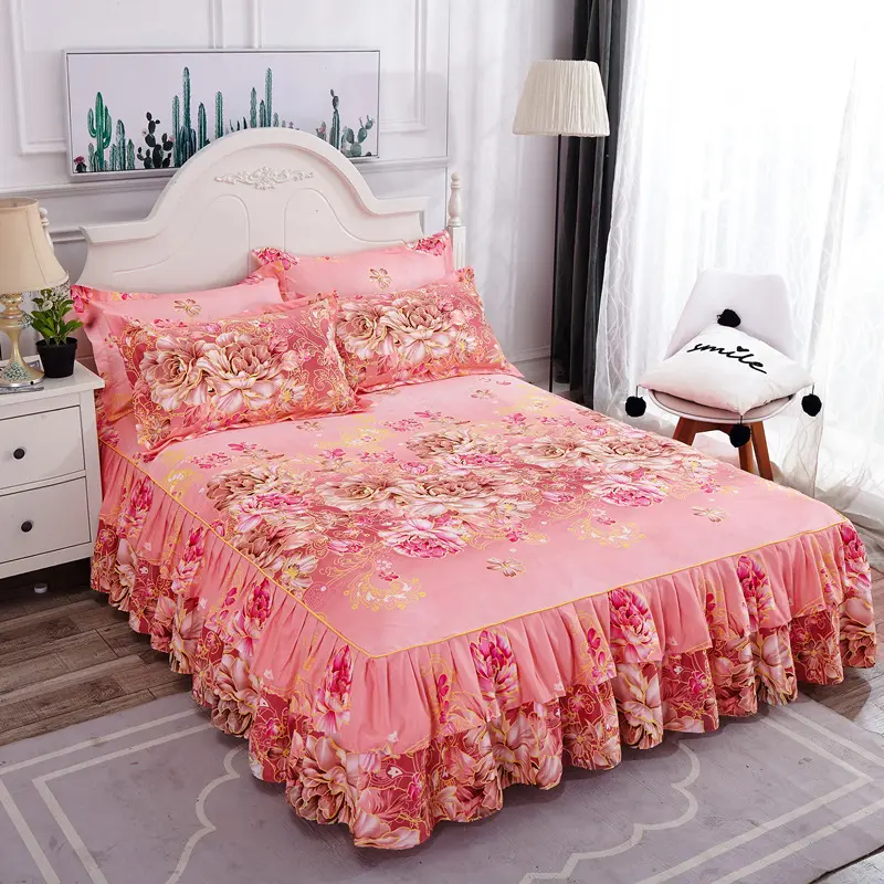 Printed comfortable breathable polyester bed cover spread double layer bed skirt sheet for beds
