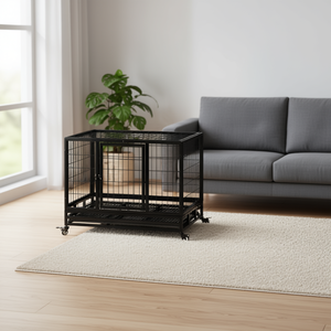 Cage pour chien robuste à double porte, 36 pouces, en métal noir, pour chiens de taille moyenne et grande, avec roues verrouillables et amovibles - Product Image 2