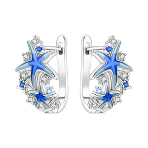 Boucles d'oreilles créoles étoile de mer bleues en cuivre blanc, design original, élégantes et stylées, un cadeau polyvalent pour les filles - Product Image 1