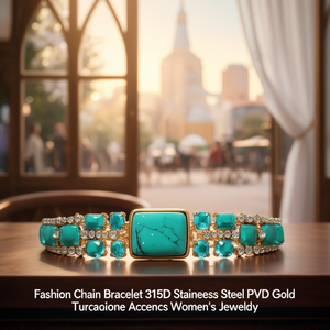 Trendy Fashion Chain <b>Bracelet</b> 316L Stainless Steel Zinc Alloy PVD Gold Plating Turquoise Stone <b>Crystal</b> Accents Women's Jewelry - Product Image 3