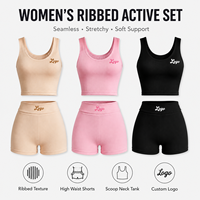 Conjunto Deportivo de Verano con Textura Acanalada Sin Costuras, Top Deportivo Elástico y Suave con Cuello Redondo, Pantalones Cortos de Cintura Alta para Pilates