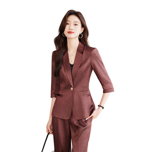 Women's Burgundy Suit <b>Set</b> Three Quarter Sleeve Satin Summer Office Lady Formal Wear Breathable Polyester Fabric - Product Image 5