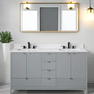 Gray 60 Inch Bathroom Vanity with Sink White Wash Basin Art Deco Floor-Mounted Bathroom Vanity