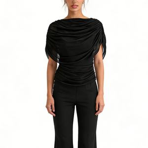 Women's Draped Sheer Mesh Overlay <b>Top</b> Ruched Waist Fitted Blouse Shirt Fashion - Product Image 2