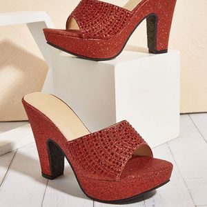 Mules de Plataforma con Tacón de Cuña y Pedrería para Mujer, Sandalias de Tacón Alto con Punta Abierta y Brillo para Fiesta, Boda, Uso Diario - Product Image 3