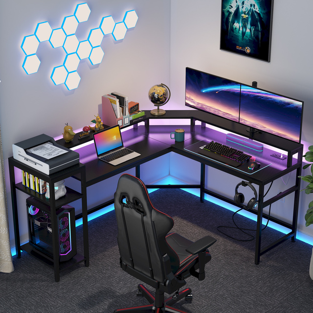 Metal Gaming Desk L Shape Computer Desk with Power Outlets & LED Strips