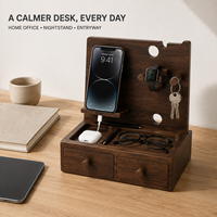 Organisateur de bureau de luxe moderne en bois de noyer écologique avec support pour téléphone et tablette, double tiroir et gestion des câbles, idéal comme table de chevet