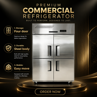 Congélateur vitrine 4 portes en acier inoxydable pour cuisine professionnelle, refroidissement par air, sans givre, Energy Star, dégivrage automatique, 830L, 0-10°C