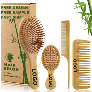 Custom Logo Hair <b>Brush</b> Wide Tooth Detangler Eco-Friendly Natural <b>Bamboo</b> Wood Bristle Scalp Massage Self-Cleaning Round Comb Set - Product Image 1