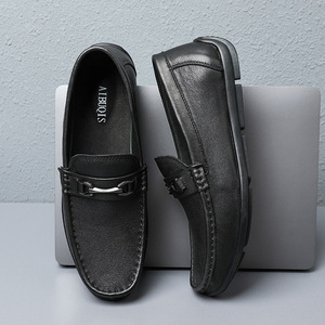 AIBOIS Mocassins pour hommes à bout rond en cuir véritable, chaussures de bureau confortables, semelle en caoutchouc noir - Product Image 3