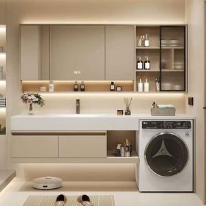 Armoires de rangement murales en céramique avec miroir éclairé par LED, style ferme moderne de luxe, écologiques, personnalisées pour la blanchisserie - Product Image 3