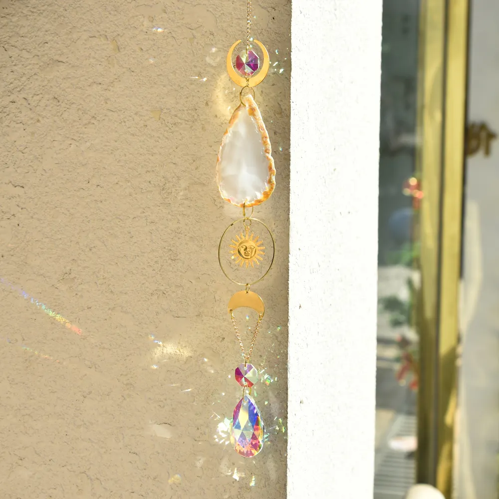 Groothandel Hangende Gouden Kristallen Suncatchers Windgong Natuurlijke Kleurrijke Agaat Edelsteen Zonvangers