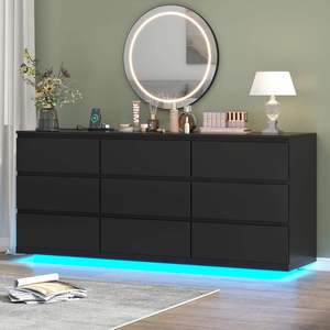 9-<strong>Drawer</strong> Modern Double Wide Wood Floating White Dresser Chest of <strong>Drawers</strong> with LED Light Living Room Hotel Cabinet - Product Image 2