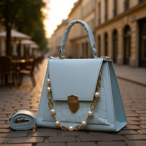 Borsa a Spalla Vintage Biuna Blue Fana con Catena Geometrica e Perle, in PU e Poliestere, Manico Singolo, Chiusura con Cerniera - Product Image 2