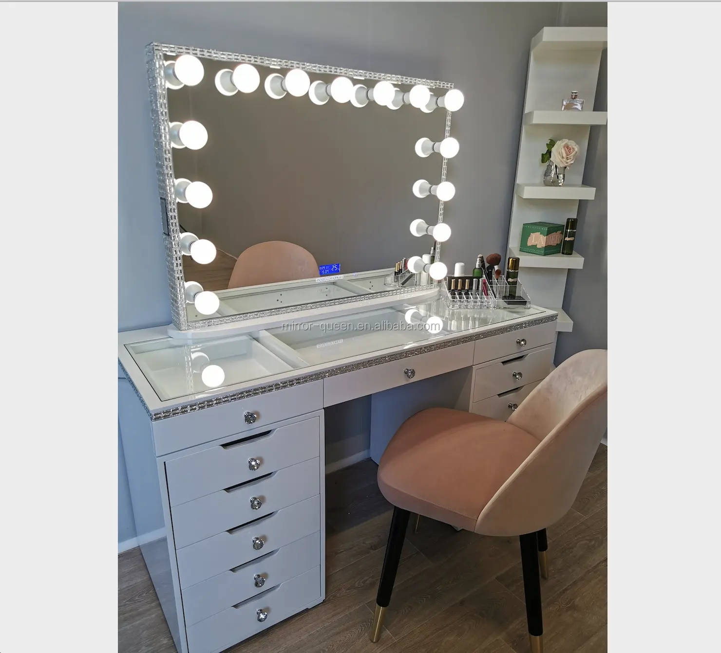 Shinny Diamond Lighted Makeup Mirror With Speaker Bedroom Dressing Mirror Cosmetic Vanity Dressing Mirror With LED