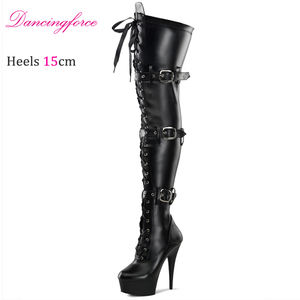Bottines sexy à talons hauts de 15 cm, au-dessus du genou, avec boucles et fermeture à lacets, fermeture éclair à l'intérieur, bottes cuissardes pour femmes - Product Image 6