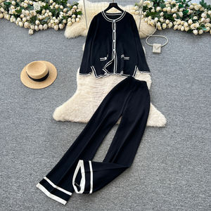Ensemble <span class=keywords><strong>chic</strong></span> deux pièces pour femme, cardigan en tricot colorblock, <span class=keywords><strong>pantalon</strong></span> large taille haute, automne hiver, ensemble 2 pièces <span class=keywords><strong>pas</strong></span> <span class=keywords><strong>cher</strong></span> pour femmes - Product Image 3