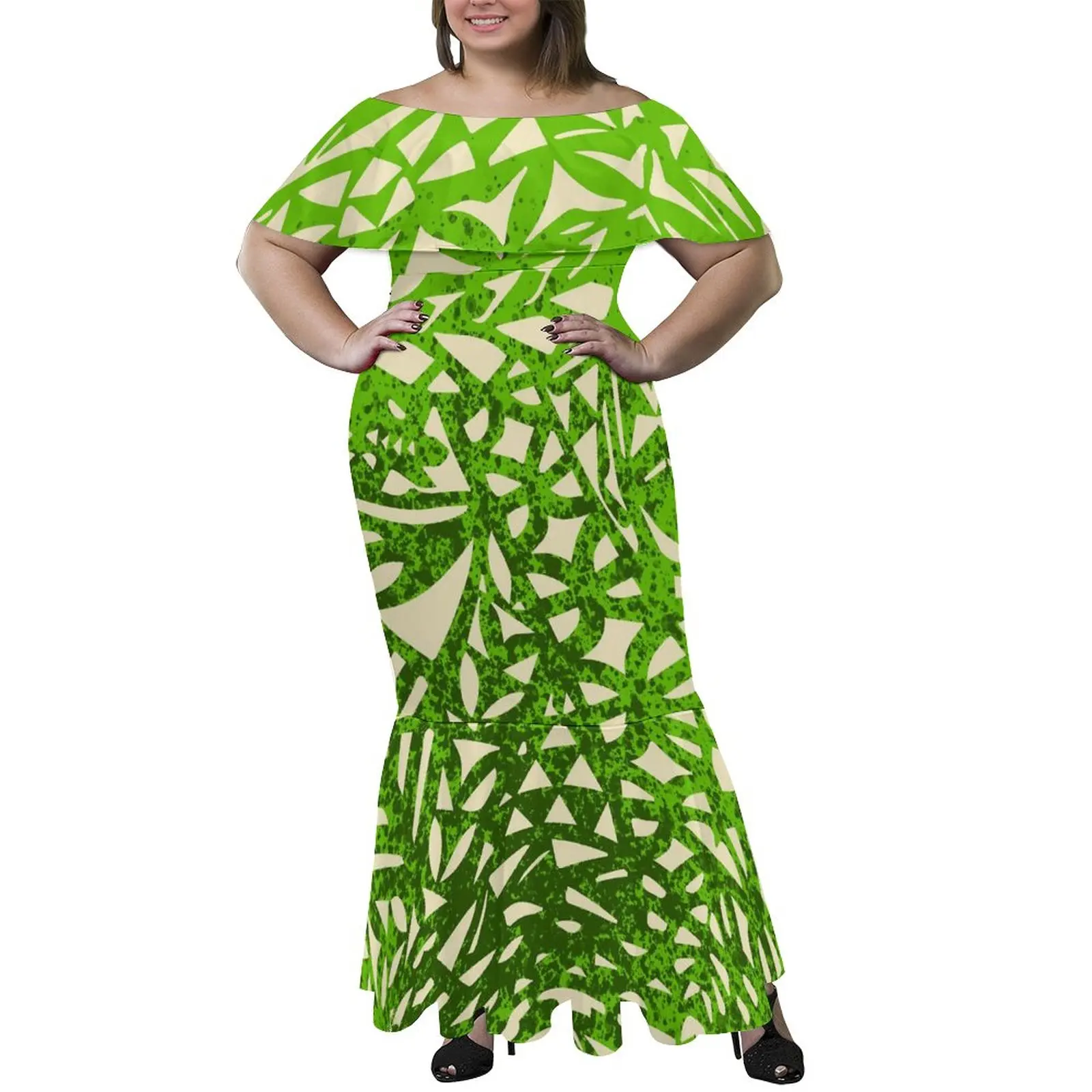 2022 महिलाओं के बड़े आकार 8XL दूध रेशम टांगना बंद कंधे पोशाक पोलेनीशियाई सामोन पिया लक्जरी डिजाइन एक कंधे मछली की पूंछ पोशाक 2