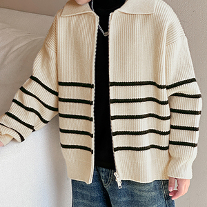Cardigan en tricot rayé pour bébé garçon d'hiver personnalisé, veste simple à fermeture éclair pour enfants filles, pull en coton tricoté pour bébé, vêtements - Product Image 5