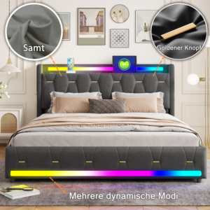 Plateforme <span class=keywords><strong>de</strong></span> <span class=keywords><strong>lit</strong></span> capitonnée en velours avec éclairage LED RGB, haut-parleur Bluetooth et tête <span class=keywords><strong>de</strong></span> <span class=keywords><strong>lit</strong></span> capitonnée pour chambre à coucher - Product Image 4