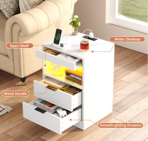 Table de chevet moderne blanche à LED avec station de charge, ports USB et prises électriques, tiroir pour les petites chambres - Product Image 5