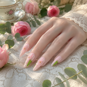เล็บปลอมแบบกดติดลายดอกไม้ 3 มิติ ทำมือ สีชมพูเขียว ลายใบไม้ฝรั่งเศส ปิดเต็มเล็บ ใช้ซ้ำได้ สำหรับทำเล็บมือแบบมืออาชีพ - Product Image 4