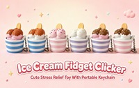Porte-clés Fidget Clicker en forme de coupe de crème glacée imprimée en 3D, jouet à presser mignon en forme de dessert, pendentif anti-stress pour les doigts, vente en gros personnalisée