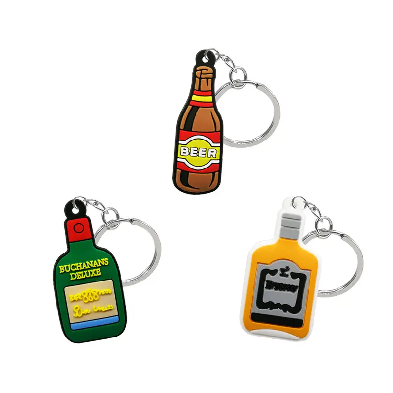 Custom Soft Rubber Keychains creative 2D wine bottle shape Keyring mini cartoon key holder fit men women keys bag accessories