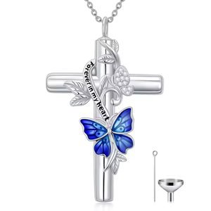 Collar con Colgante de Cruz de Plata de Ley 925 con Mariposa Azul, Joyería Fina Grabada con la Palabra Fe <span class=keywords><strong>para</strong></span> Mujeres y Niñas - Product Image 1