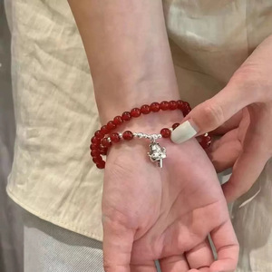 สร้อยข้อมือแมวนำโชคอาเกตสีแดงธรรมชาติ เงินแท้ S925 ดีไซน์หรูหราสำหรับผู้หญิง แบบสองวง ใส่ได้ทุกวัน - Product Image 1