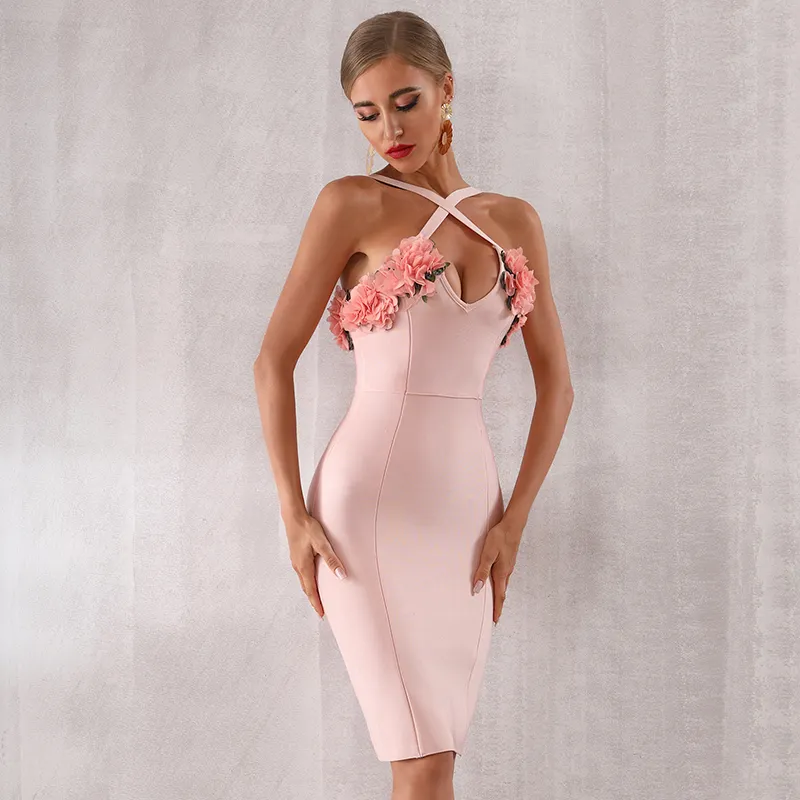 BA5678 2021 אופנה סגנון ספגטי רצועת הלטר פרחי ערב מועדון תחבושת ולנטיין שמלות נשים